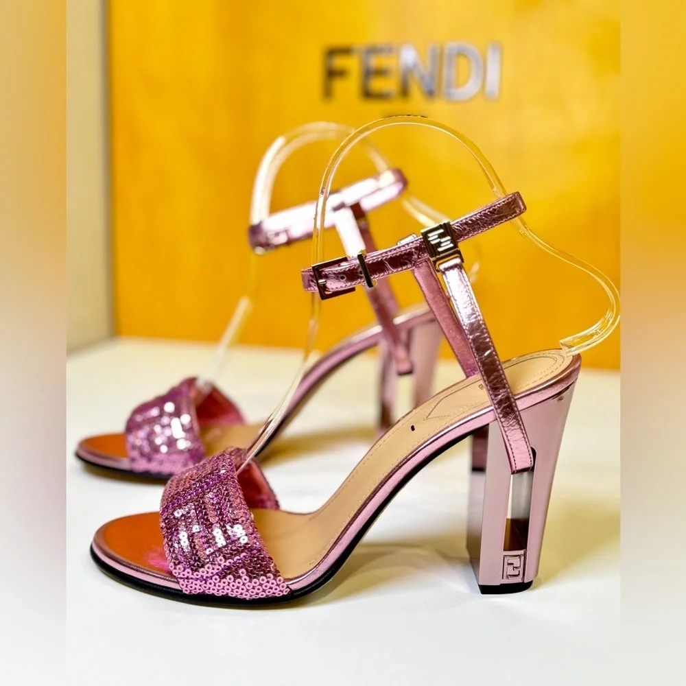 Fendi Delfina Heel Strap Sandals Pink Metallic Goat Leather FF Sequin Size 37 - Picture 4 of 16